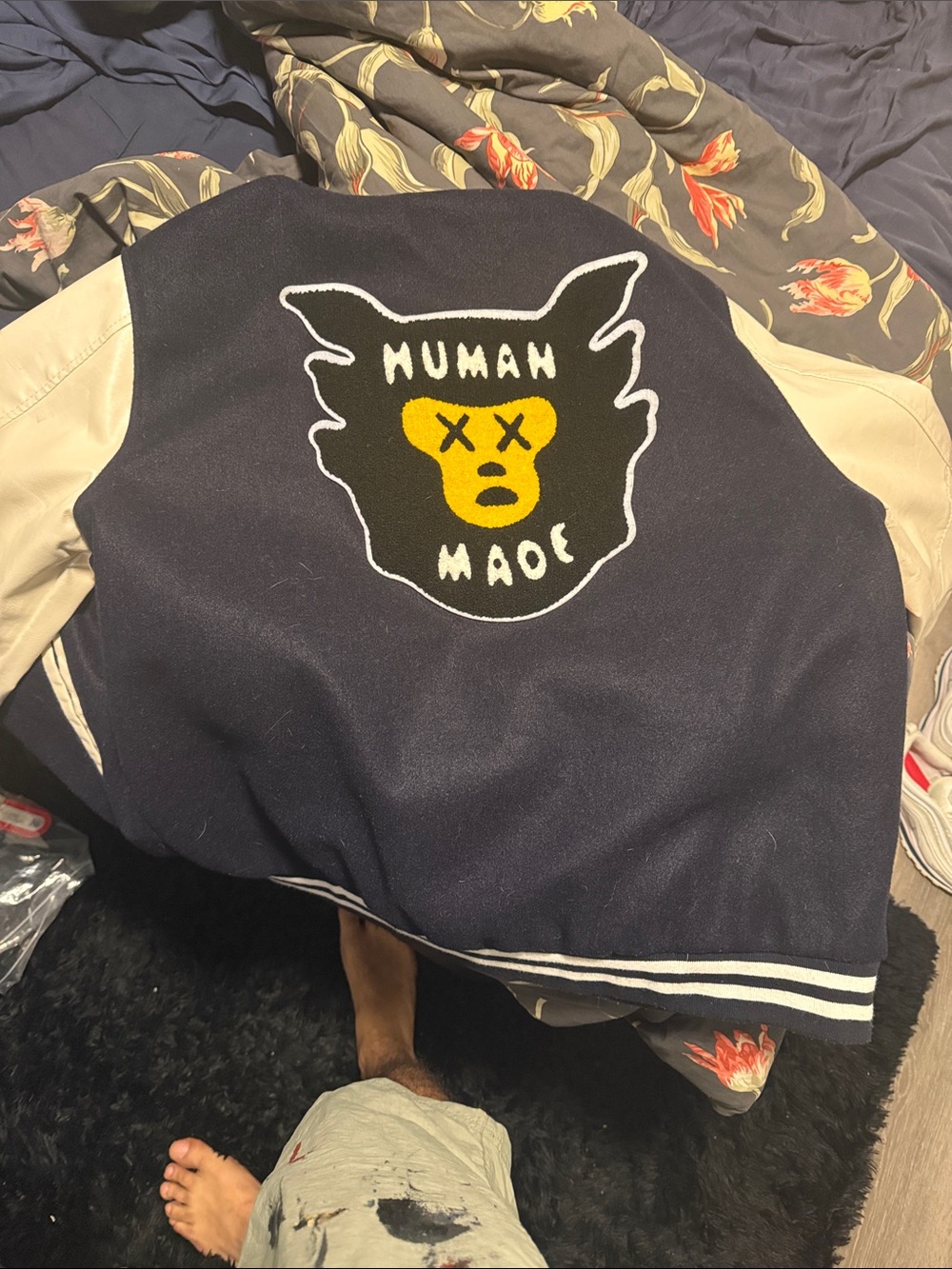Human Made Navy and Cream Letterman Jacket with Yellow Patch